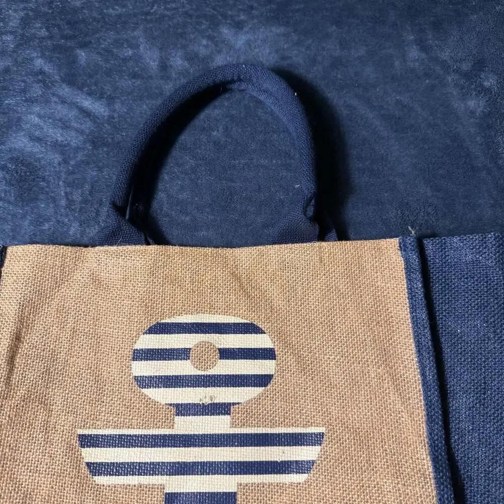 Nautical Anchor Print Natural Jute and Navy Burlap Beach Tote Bag